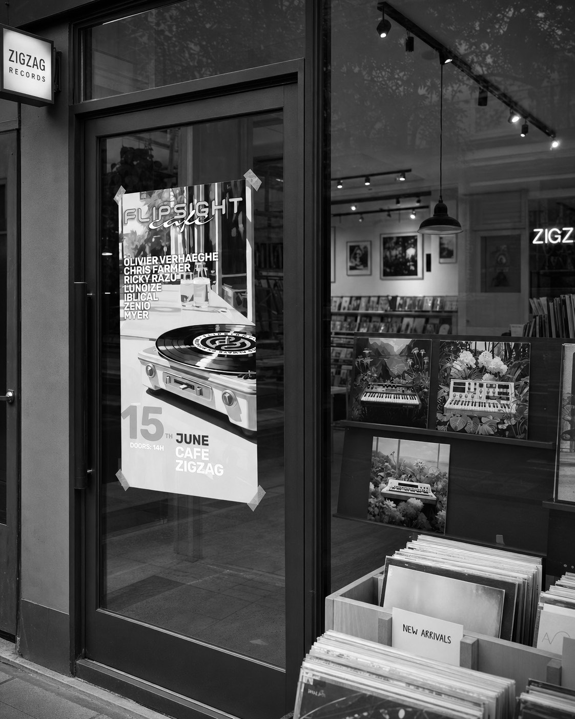 A FLIPSIGHT Cafe poster on the glass door of Zigzag Records, alongside record sleeves and a synthesizer artwork in the window.
